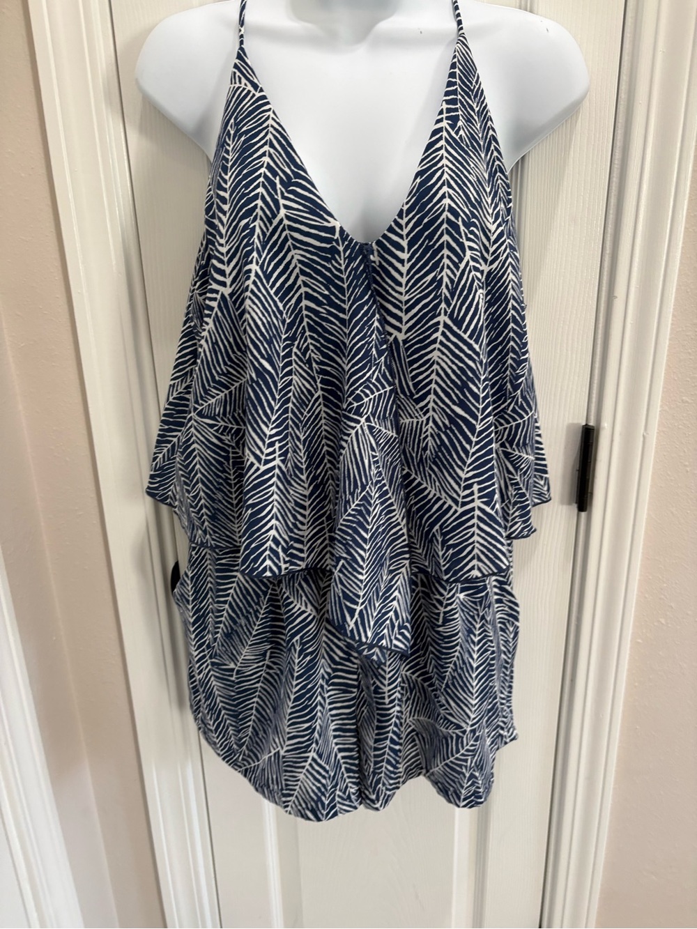 Tyche Navy and White Leaf-Print Tiered Romper